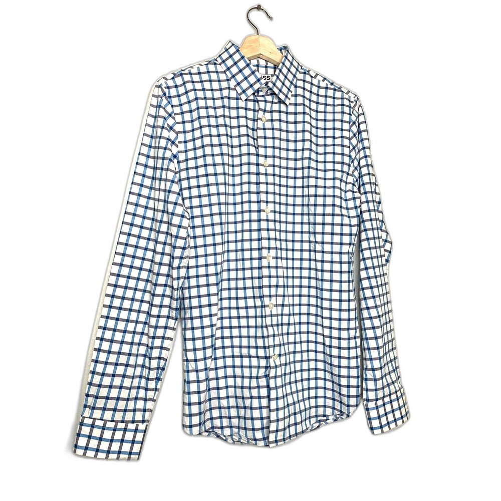 Express Button Up Shirt Mens Medium Extra Slim Fit White Blue Gray Plaid Top NEW